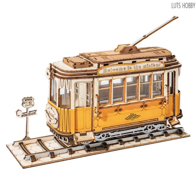 ROBOTIME 3D Wooden Puzzle for Kids Construction Model Kit to Build Wooden Tramcar